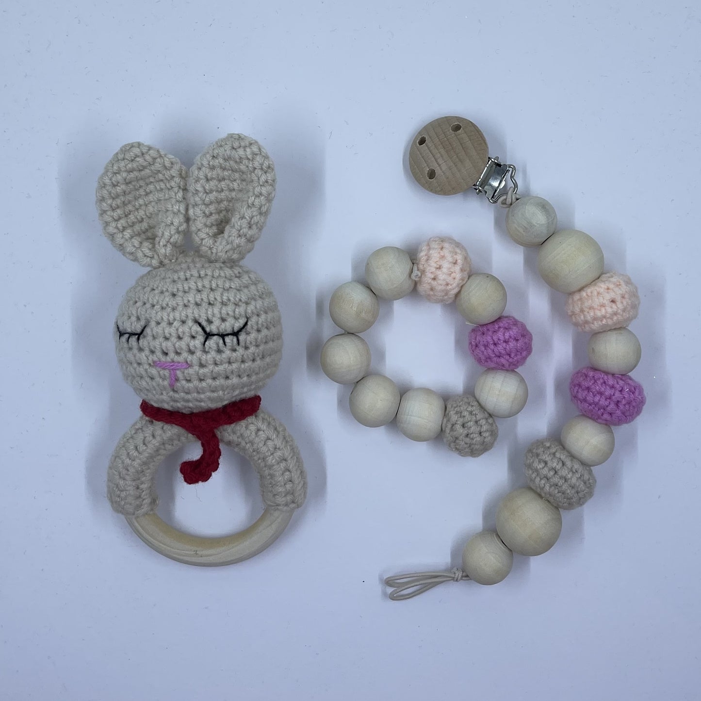 Baby teething ring, bracelet and dummy clip set